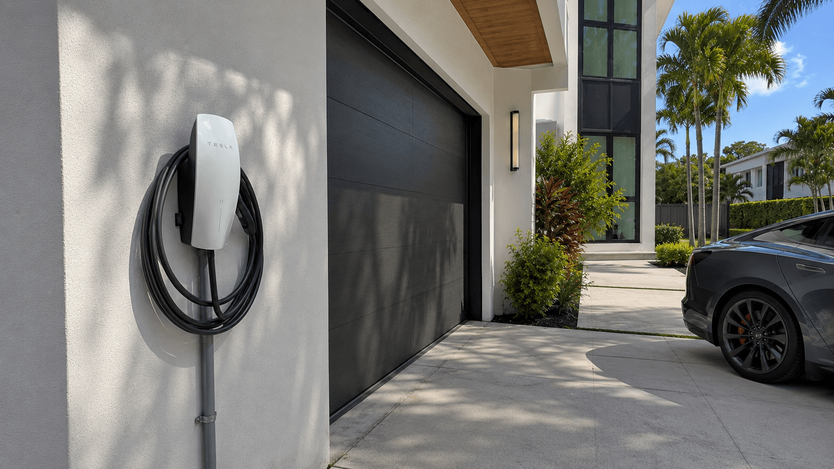 Tesla Wall Connector mounted on the exterior wall of a contemporary South Florida home beside the garage