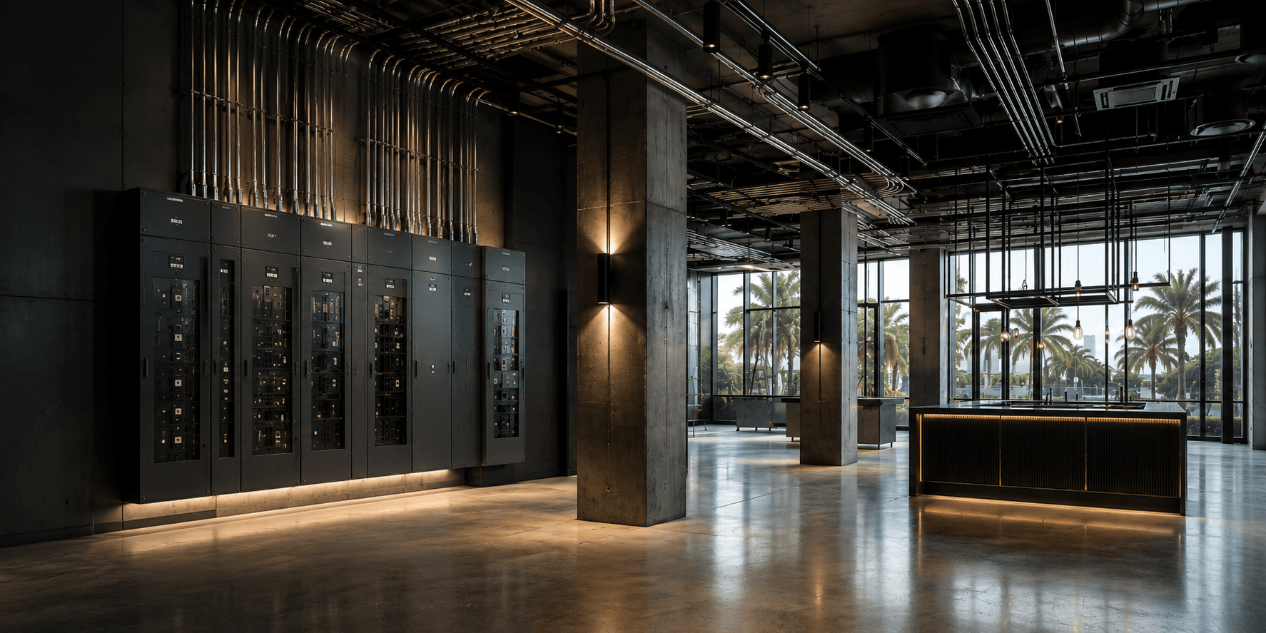 Vorensa Electric distribution panels and conduit routing inside a modern South Florida commercial building
