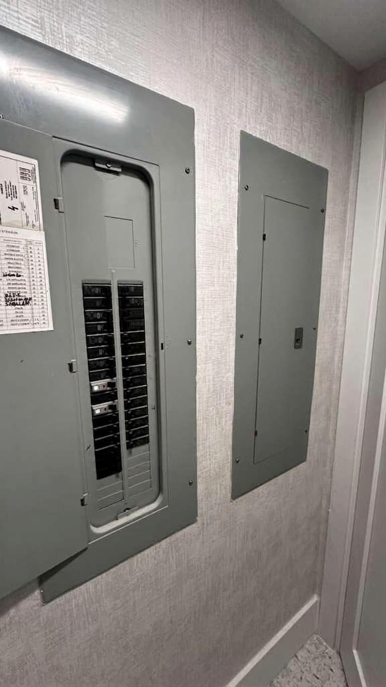 Two electrical panels mounted side by side, one active and one available for additional capacity