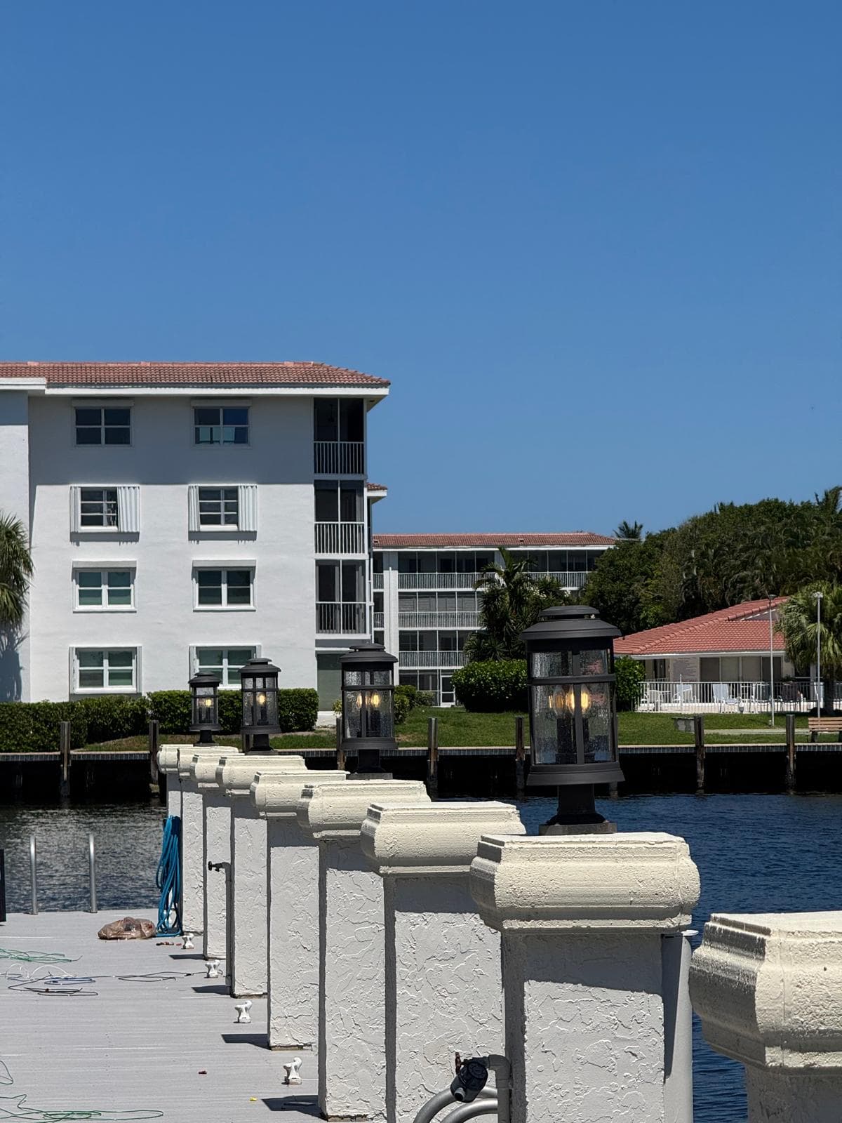 Waterfront residential dock with electrical lighting installations